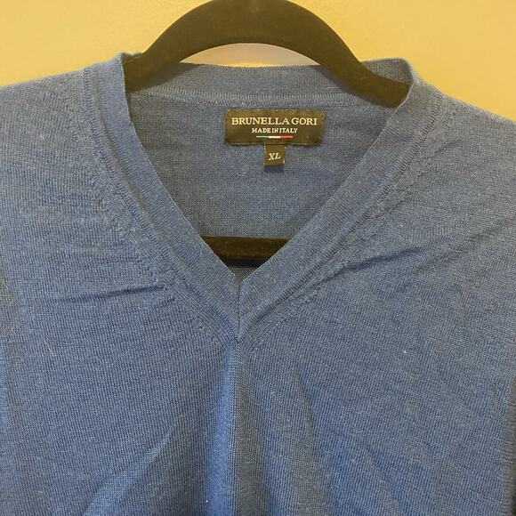 Brunella Gori Italia Sweater Men XL Merinowool Blue VNeck Pullover Luxury Preppy - Picture 8 of 9